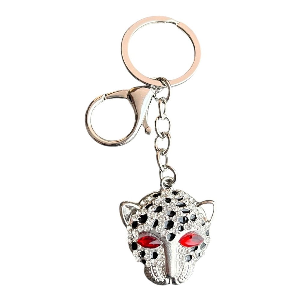 Women's Key Chain Silver Red 4" Leopard Panther Head Rhinestone Metal Charm
